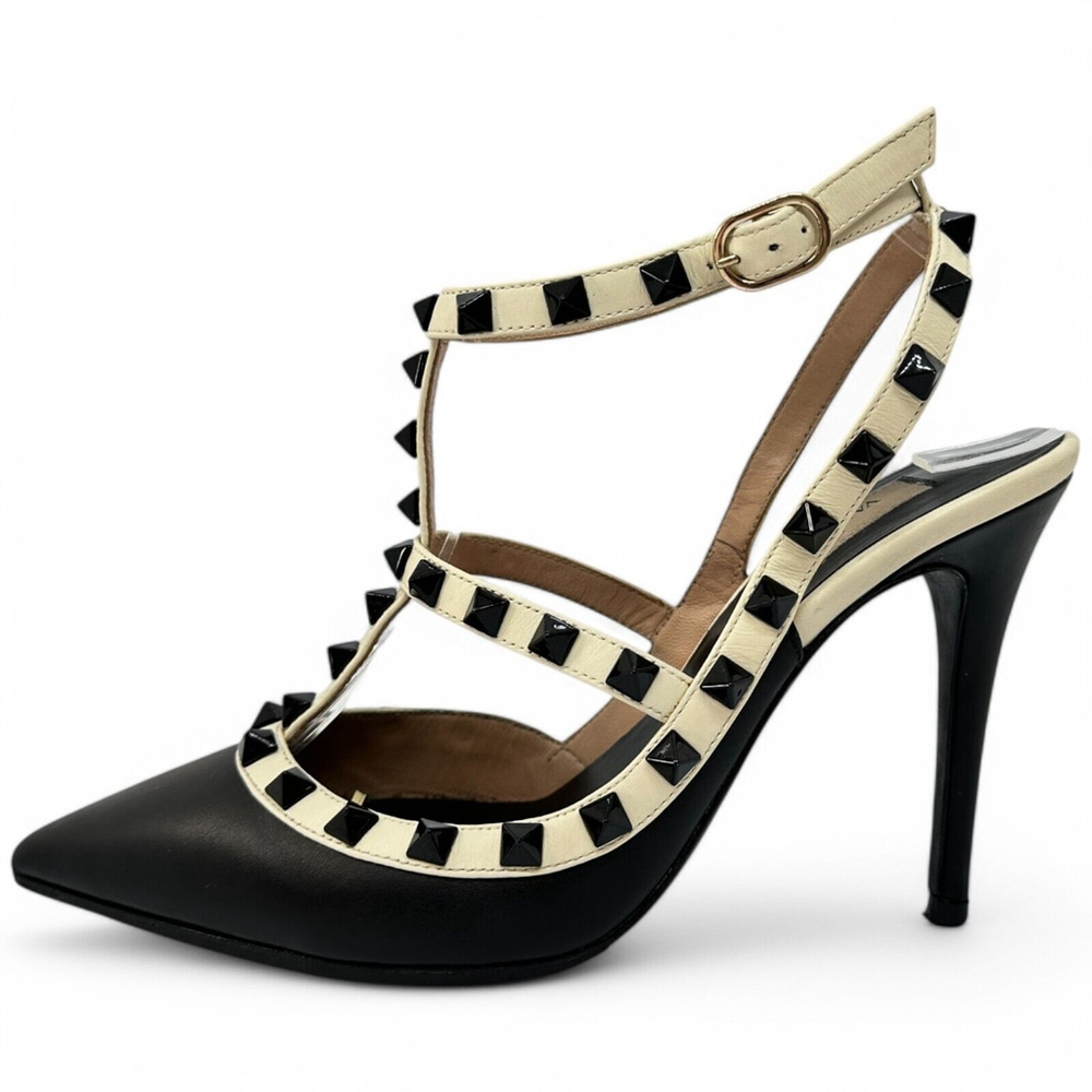 Valentino Rockstud Ankle Strap 100mm Pumps 36.5 Black Light Ivory Leather